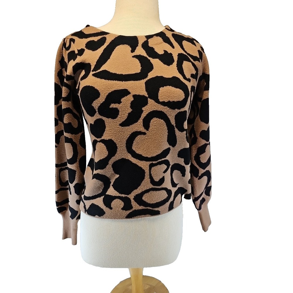Rachel Zoe Leopard Print  Knit Sweater SZ Small Tan/Black Crew Neck Soft/Cushy